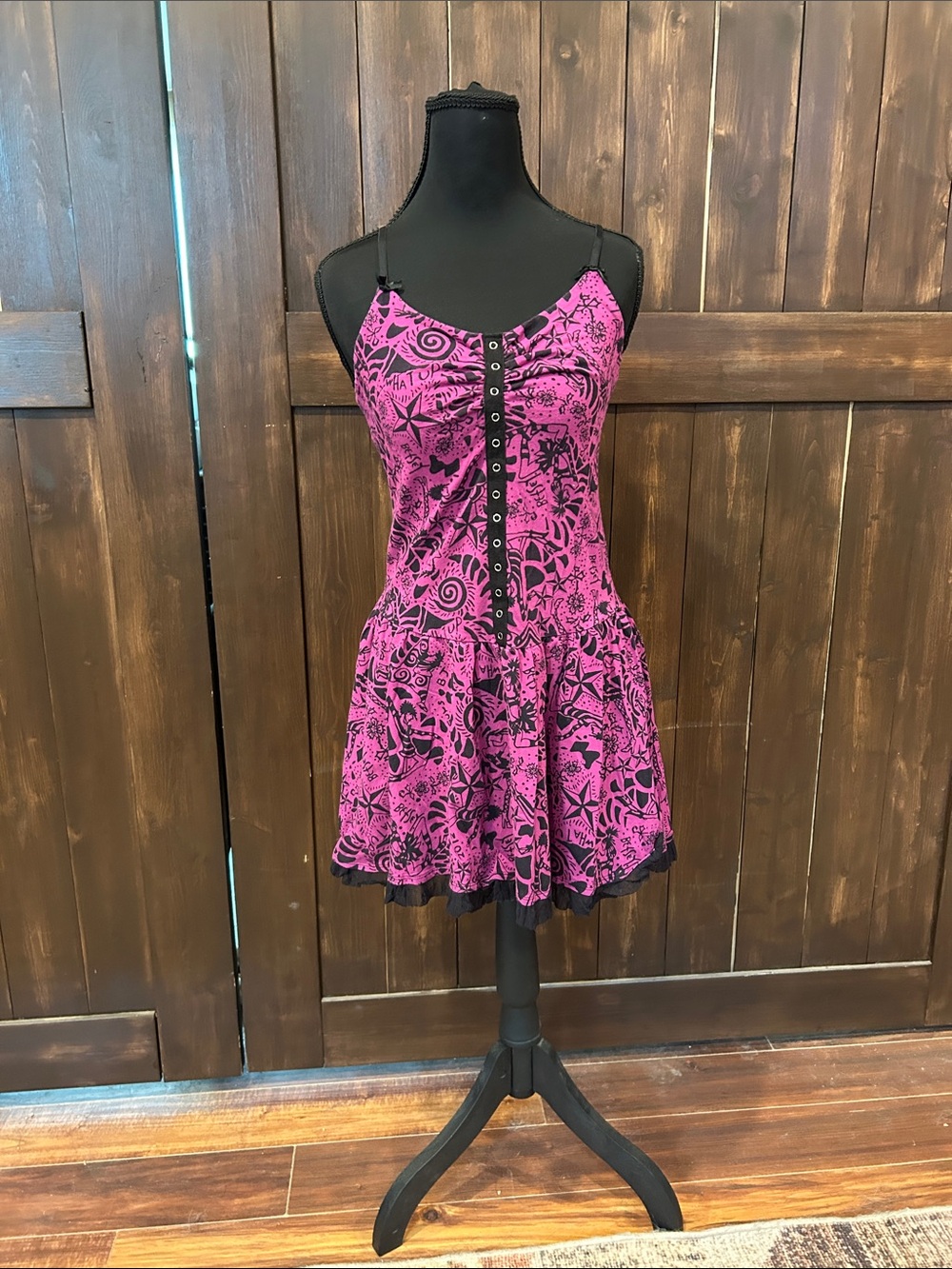 Betsey Johnson Hot Pink & Black Graphic-Print Spaghetti Strap Mini Dress
